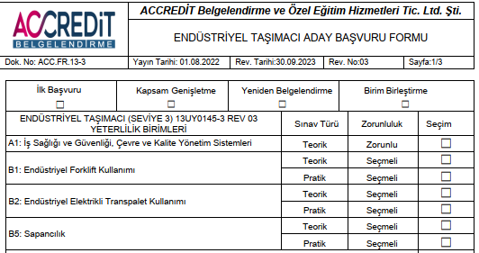 Endüstriyel Taşımacı Aday Başvuru Formu